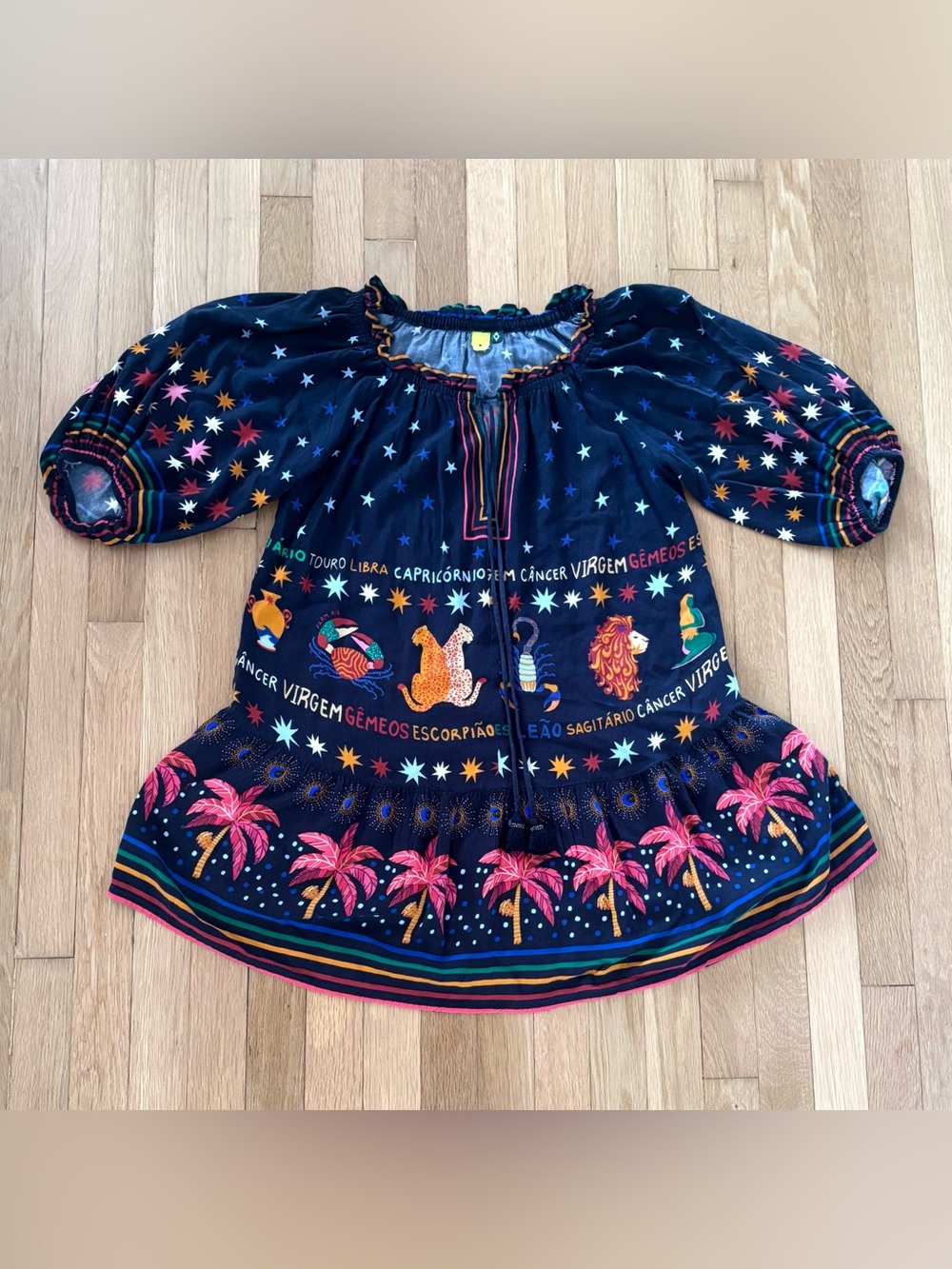 Vintage Farm Rio Zodiac Dress Juliet Sleeve Black Size Small(pequeno) Astrology